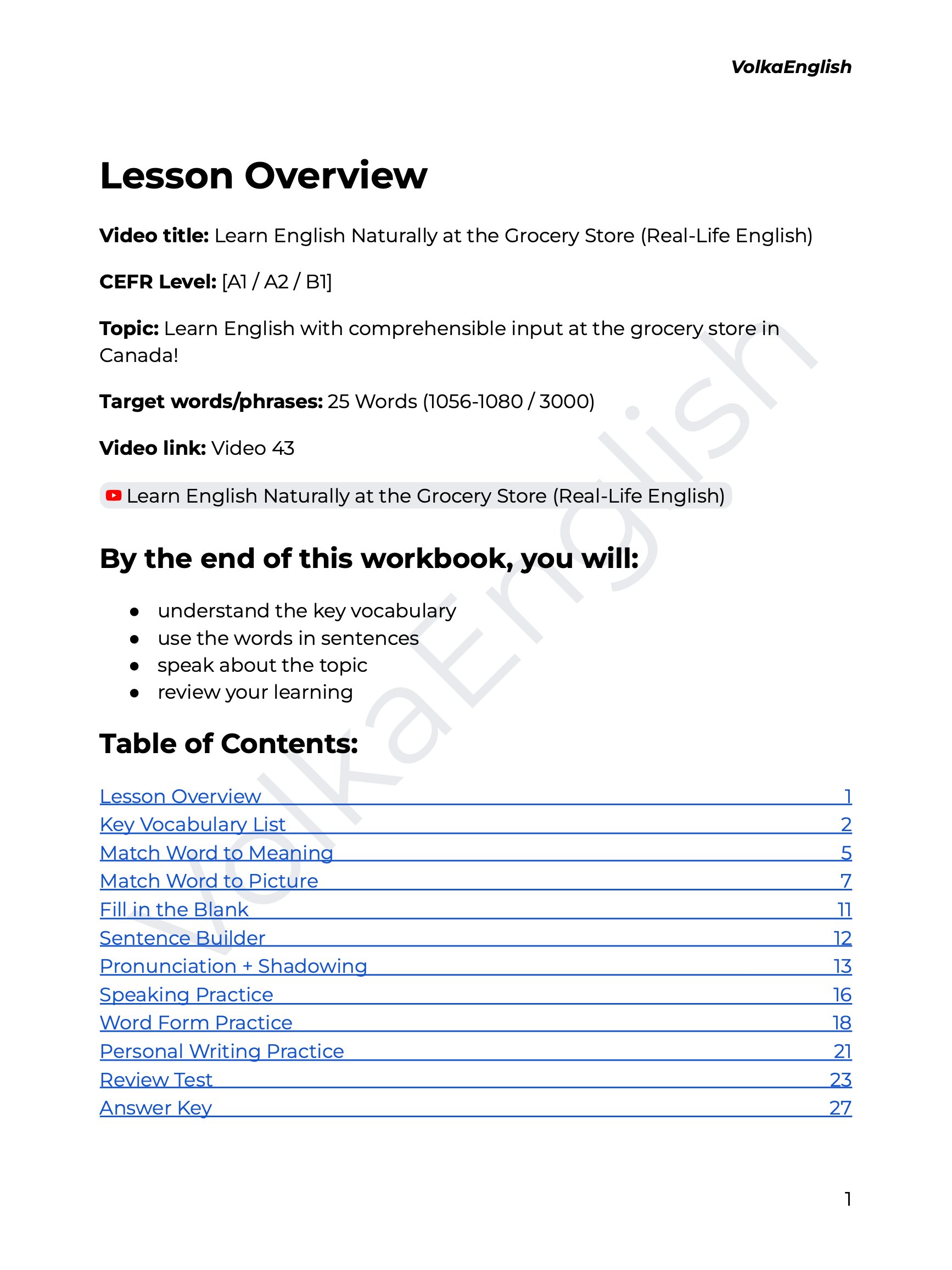 Learn English Naturally at the Grocery Store (Real-Life English) - Video 43 Study Pack product image (2)