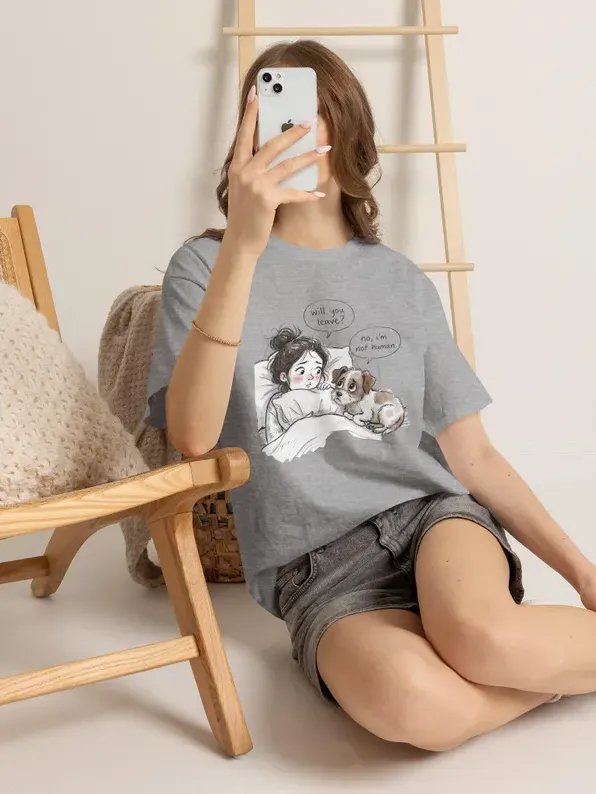 girl and puppy illustration Tee | comic speech bubble "no, I'm not human" product image (118)