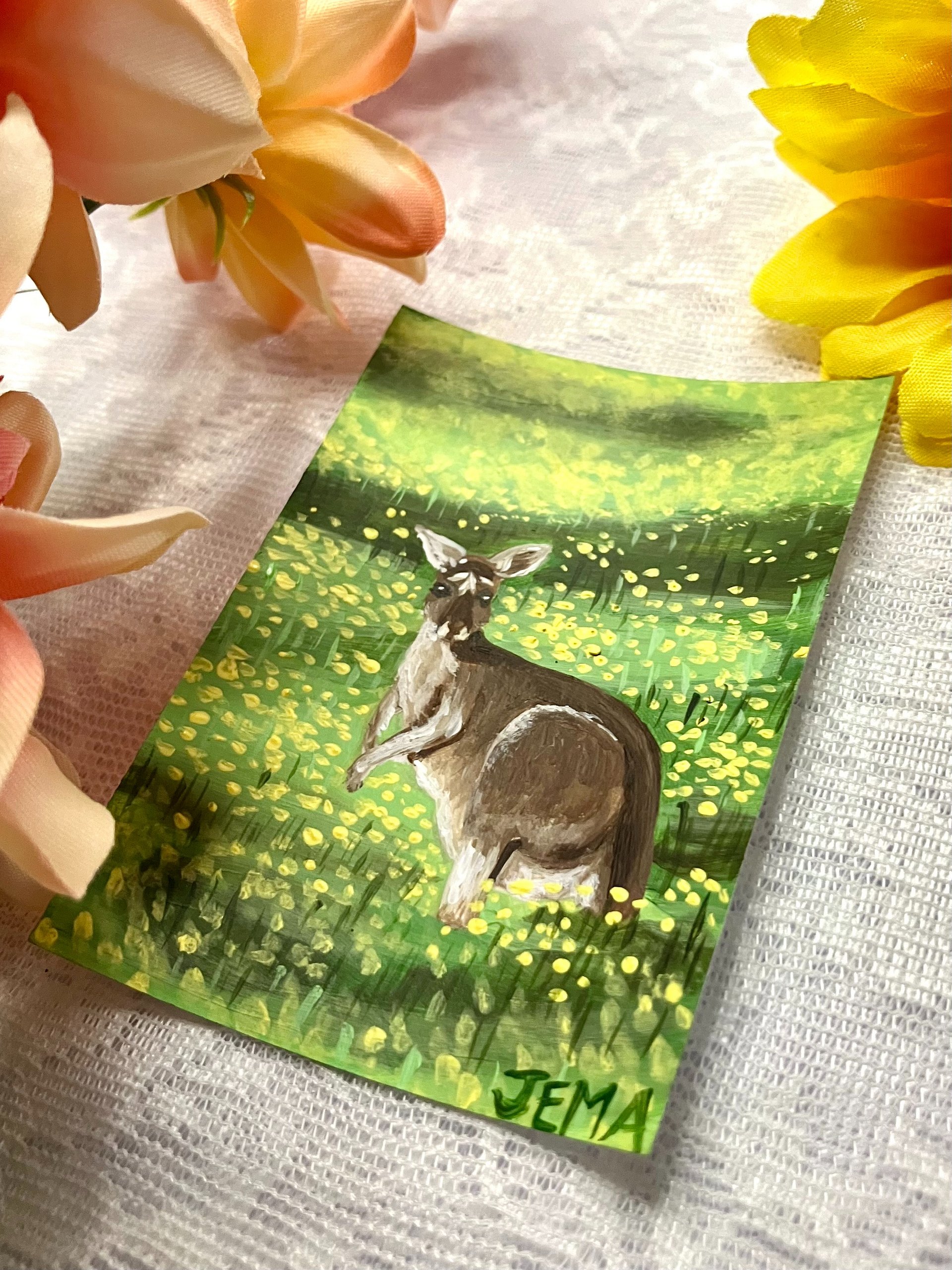 Roo In Yellow Flowers ACEO Original Acrylic Painting product image (3)
