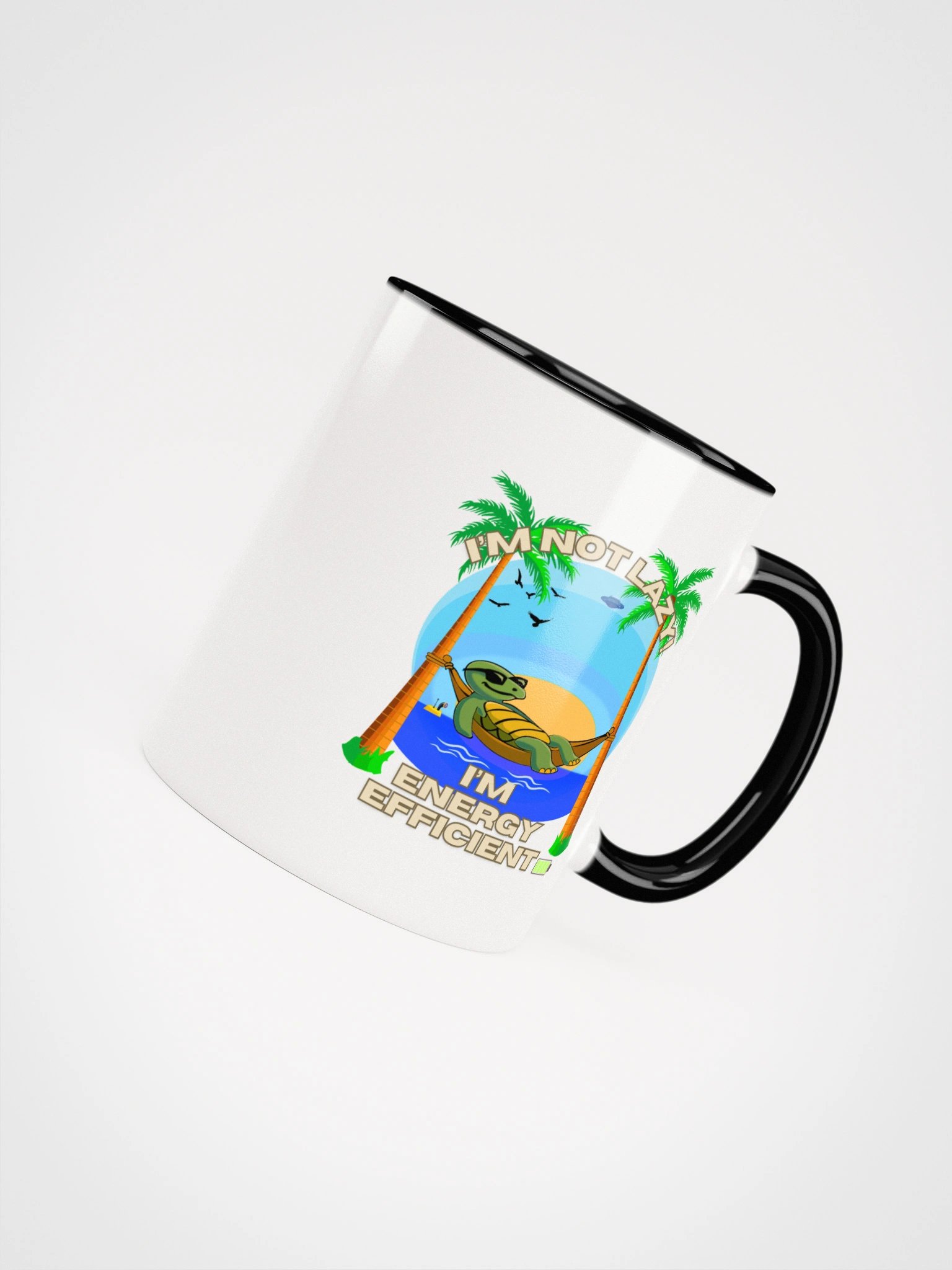 "I'm Not Lazy I'm Energy Efficient Turtle Mug – Funny Beach Hammock Coffee Cup with Sunrise & Palm Trees (11oz / 15oz)" product image (22)