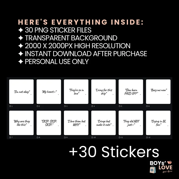 BL Reaction Sticker Pack | BL Fans Are Doing Fine | 30 PNG Stickers | Boys Love Fan Gift | Funny BL Quote Stickers | Instant Download product image (2)