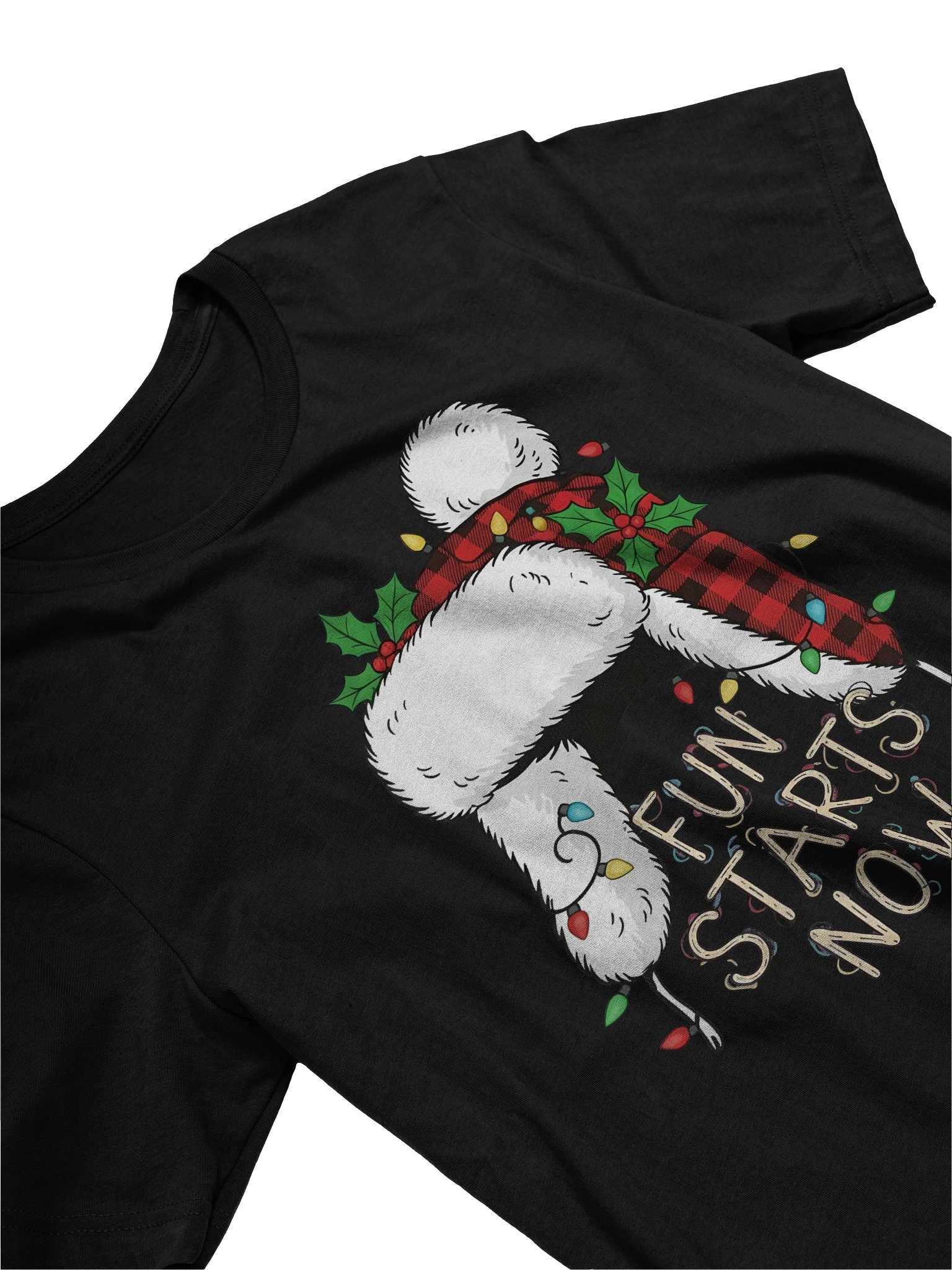 Funny Christmas Hat T-Shirt – “Fun Starts Now” Holiday Plaid Winter Hat Tee – Cozy Festive Lights & Holly Xmas Shirt product image (12)