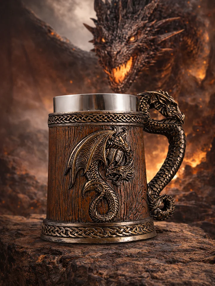 The Armored Kingdom Walnut Brown Battleborn Dragon Mug-Handcrafted-Solid Construction-Easy Grip product image (1)