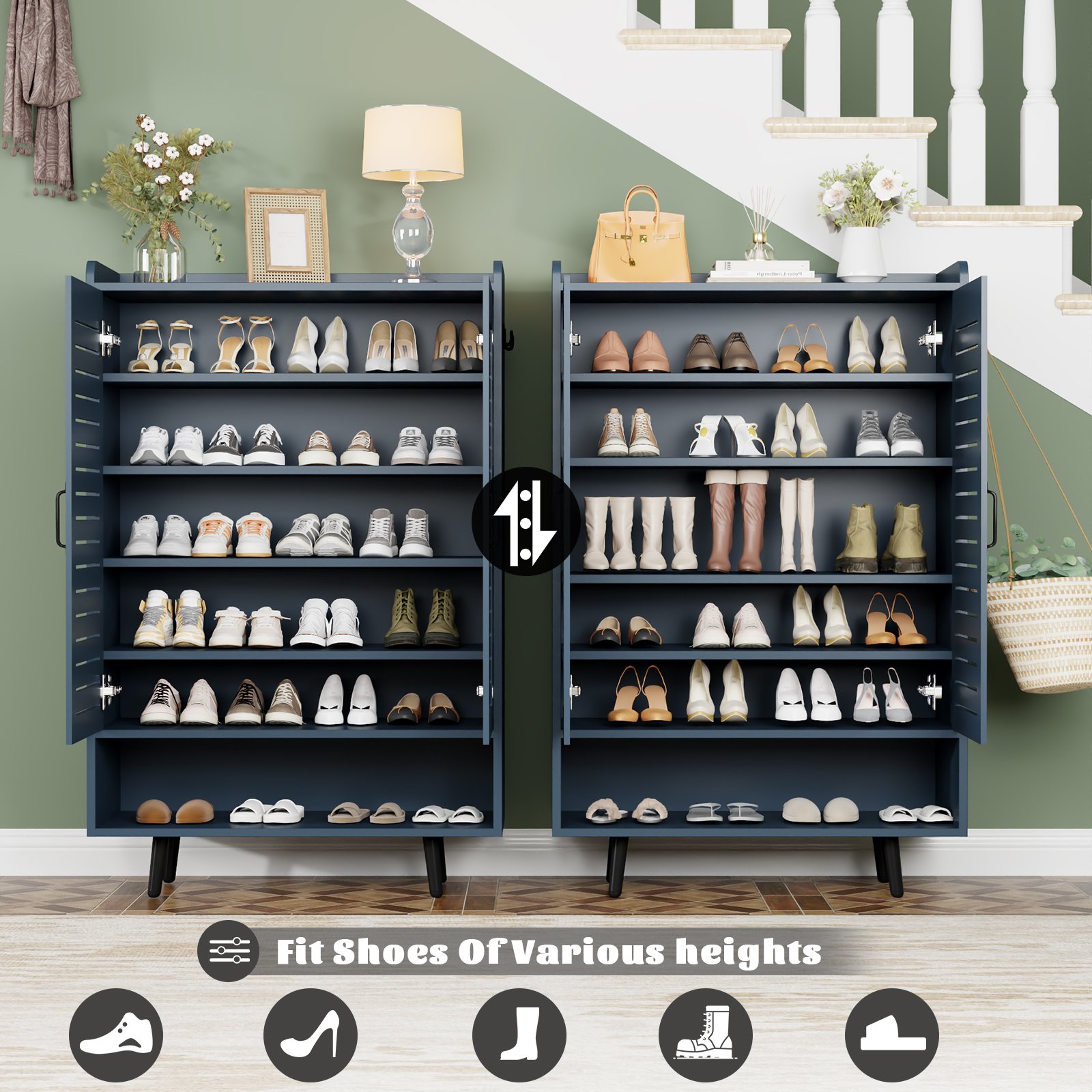 7 Tier Shoe Cabinet with Doors Shoe Storage Cabinet with Adjustable Shelves,50" Large Wooden Shoe Cabinet Storage for Closet, Shoe Organizer for Entryway, Hallway, Blue product image (7)