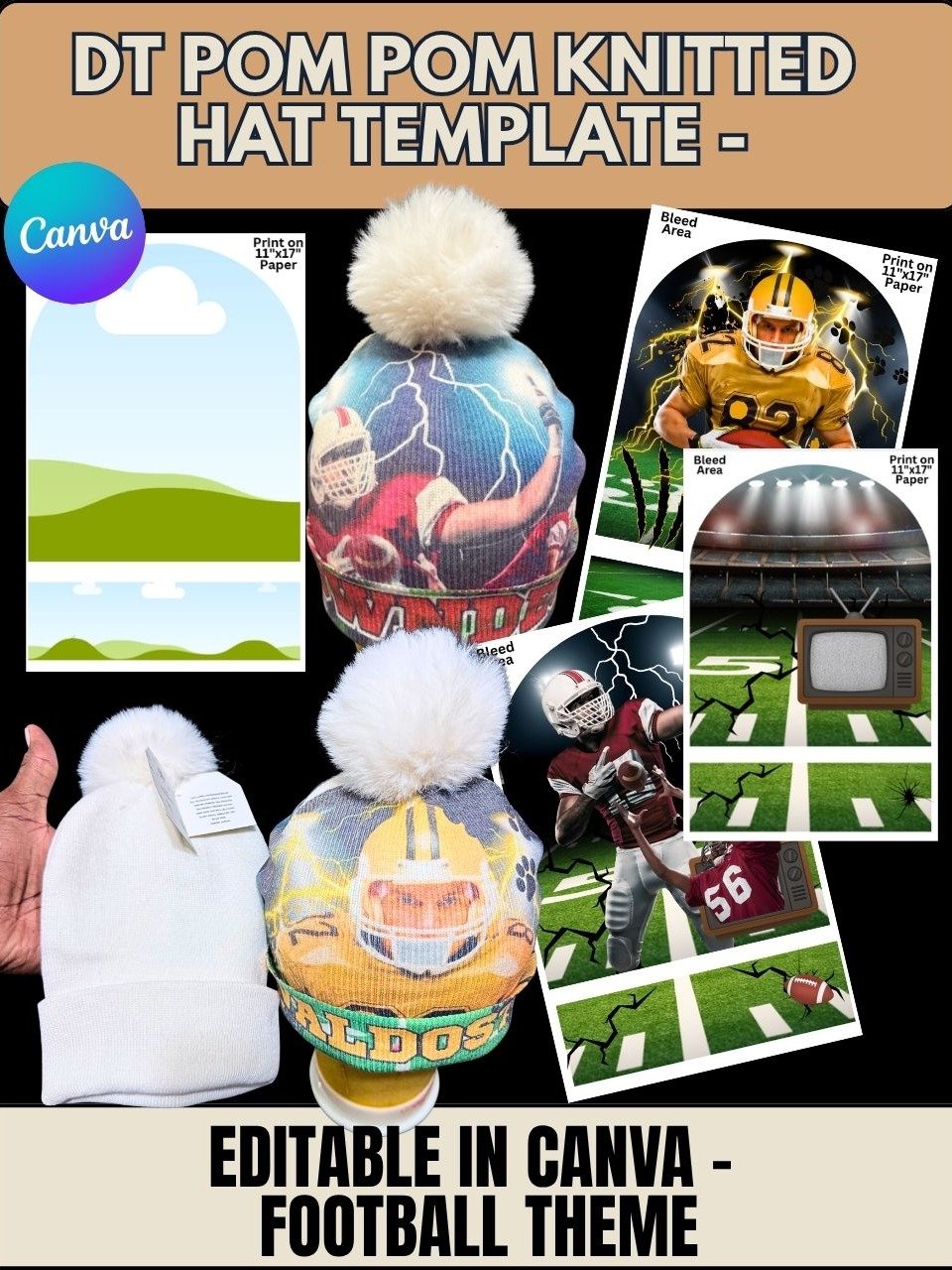 DT Pom Pom Knitted and Wicker Cap Templates - Editable Blank Canva Frame included product image (1)