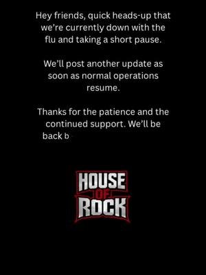 Hey friends, quick heads-up that we’re currently down with the flu and taking a short pause. We’ll post another update as soon as normal operations resume. Thanks for the patience and the continued support. We’ll be back behind the mic ASAP.  Rock King Radio / House of Rock #houseofrock #realradio #RockKingRadio #StillLoud #chaosfamily 