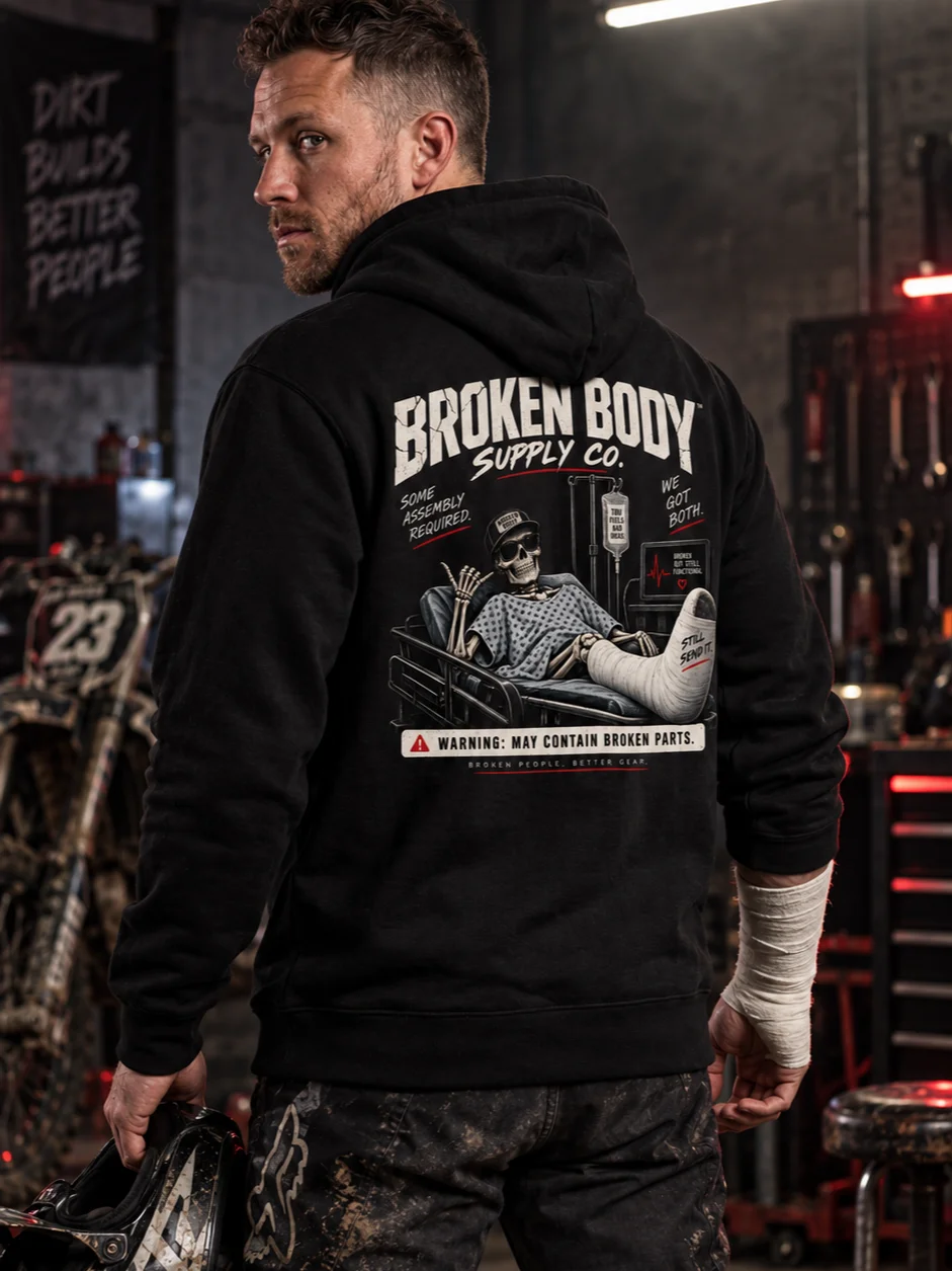 Funny Injury Hoodie — Warning: May Contain Broken Parts | Flat Out Broken™ product image (1)