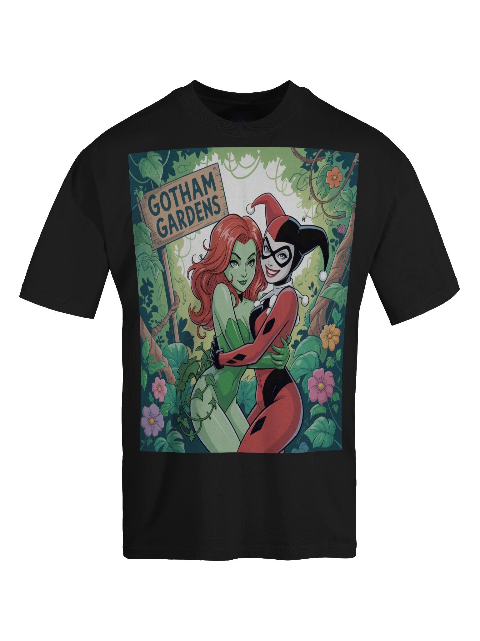 Gotham Gardens Embrace: Poison Ivy & Harley Quinn Verdant Vortex Oversized Faded Unisex T-Shirt product image (1)