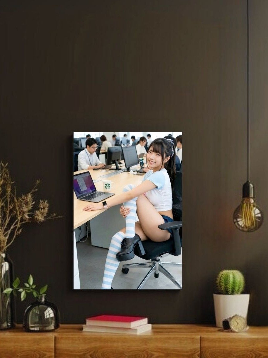 Office Cosplay Girl 8x10 Metal Wall Art – Striped Thigh Highs Metal Poster product image (2)