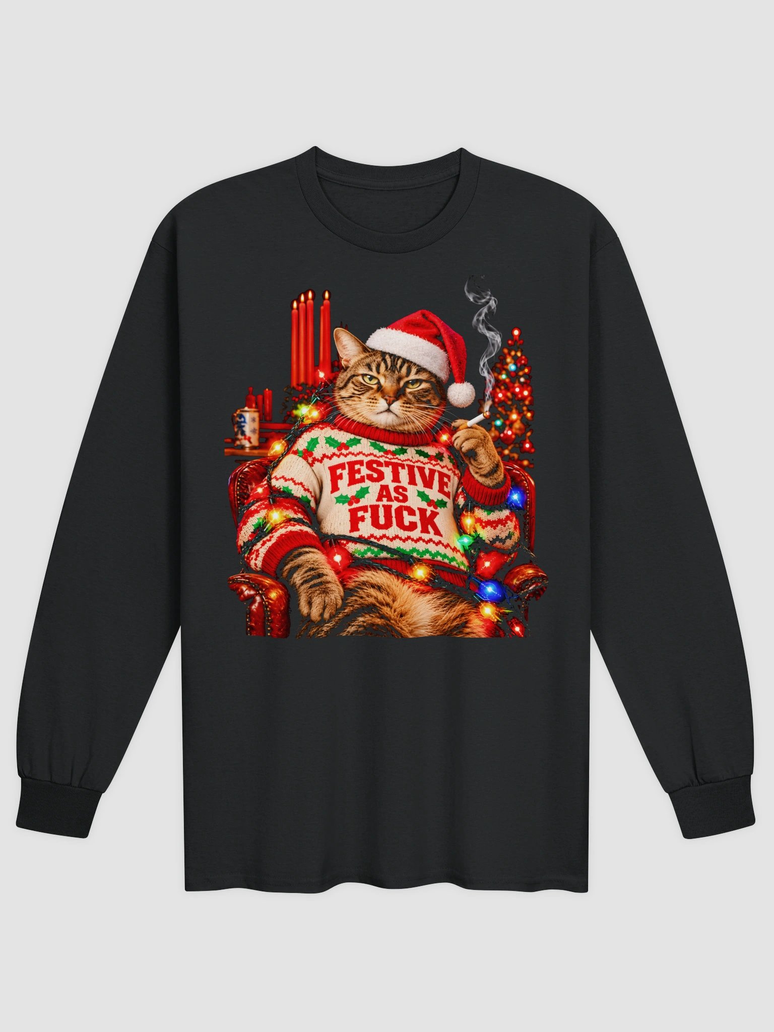 Festive As Fuck Cat Long Sleeve Shirt | Funny Smoking Cat Christmas Ugly Sweater Meme Long Sleeve Tee product image (1)