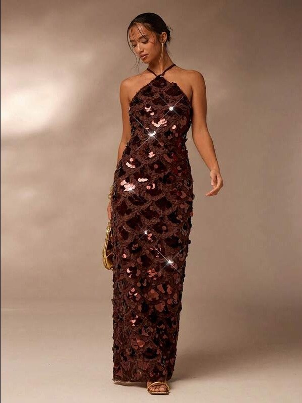 Women's Sequin Halter Dress, Fashion Party Wear Harlem Nights Women Dresses Bronze Dress Sequin Women Dresses Sequence Dress Gowns Glamorous Dress product image (4)