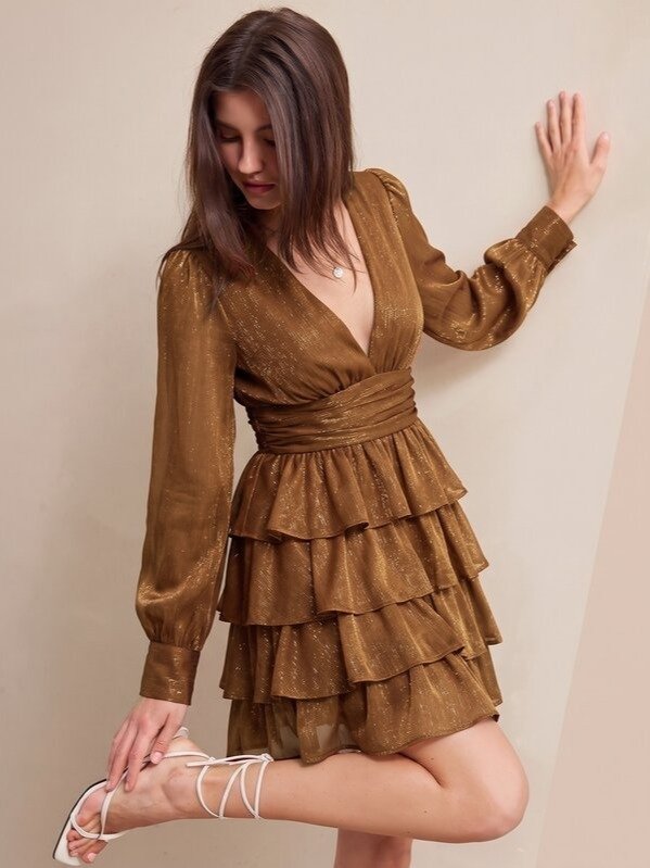 BELROSIE French V-Neck Sweet Ditsy Floral Layered Chiffon Vacation Style Short Sleeve Ruffle Hem Mini Dress For Women product image (7)
