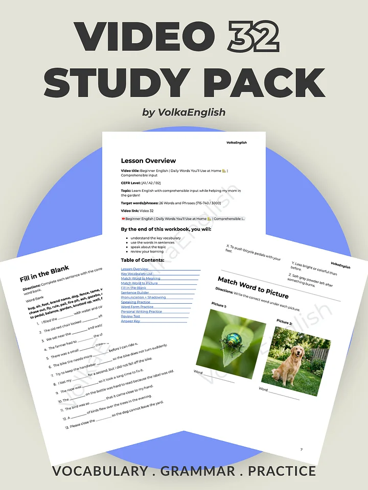 Beginner English | Daily Words You’ll Use at Home 🏡 | Comprehensible input - Video 32 Study Pack product image (1)