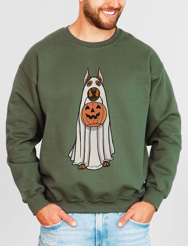Funny Halloween Doberman(Red) Sweatshirt | Funny Doberman Wearing a Ghost Costume and Holding a Pumpkin Basket product image (2)