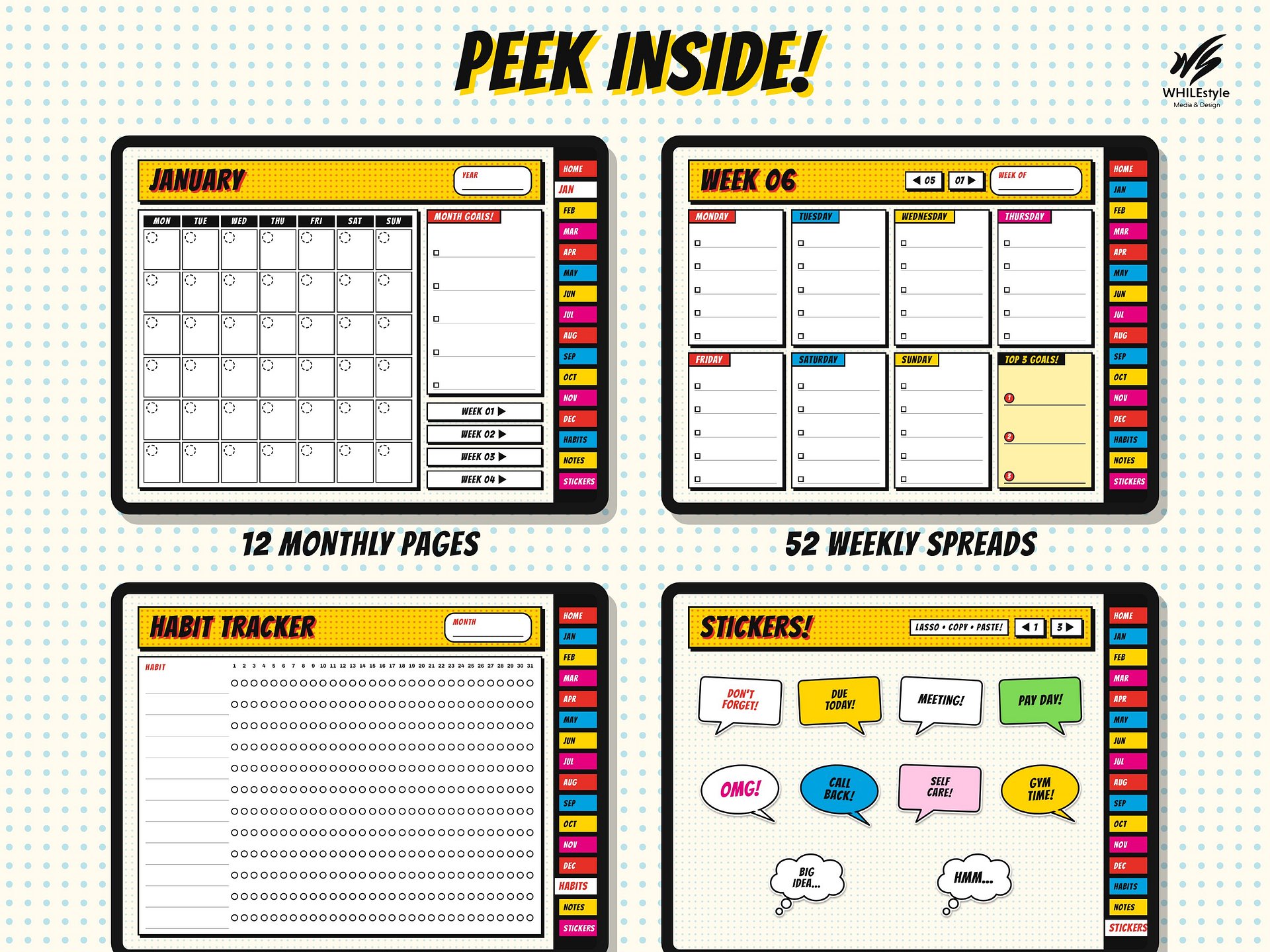 Undated Digital Planner | Hyperlinked GoodNotes Planner, Pop Art Retro Style | iPad Yearly, Monthly & Weekly Planner + 39 Stickers product image (3)