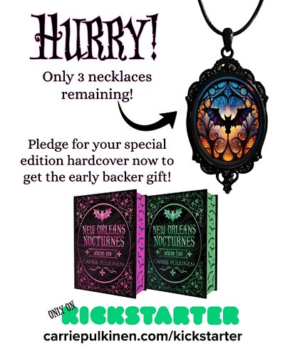 These babies are selling out fast! Be sure to pledge soon if you want to receive the gothic bat necklace early backer gift!
