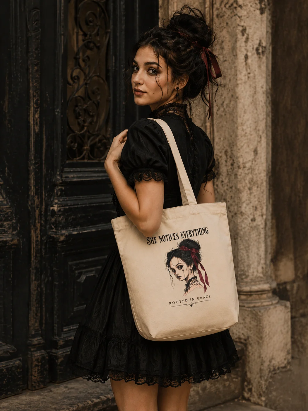 She Notices Everything Tote Bag | Vintage Inspired Organic Cotton Carryall product image (1)