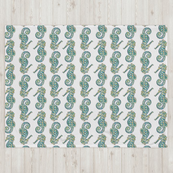 Painted Seahorses on White | Cozy Coastal Throw Blanket | by Monique Faella Designs™ product image (2)