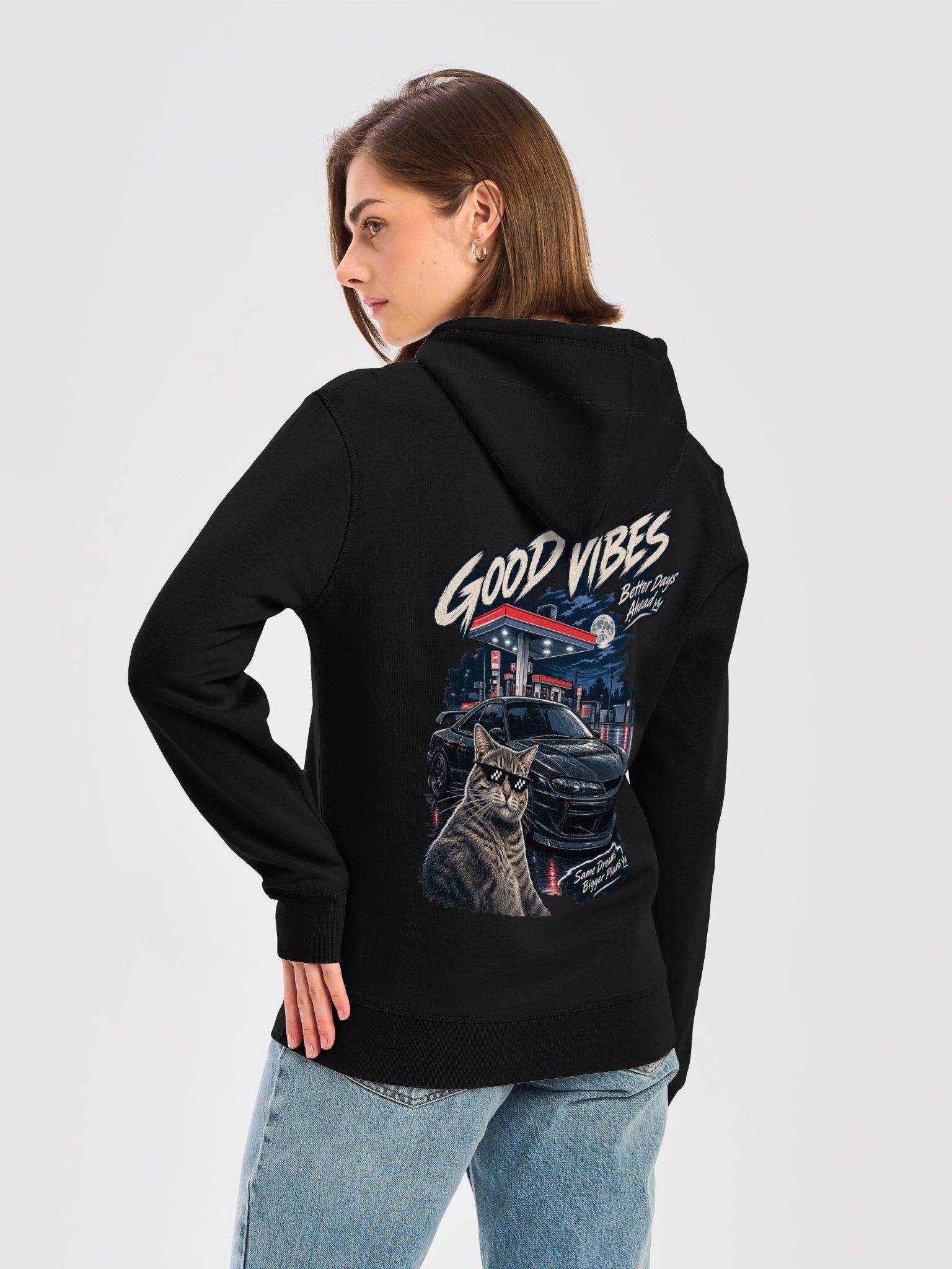 Good Vibes Cat Hoodie – Retro Streetwear Sports Car Design product image (2)