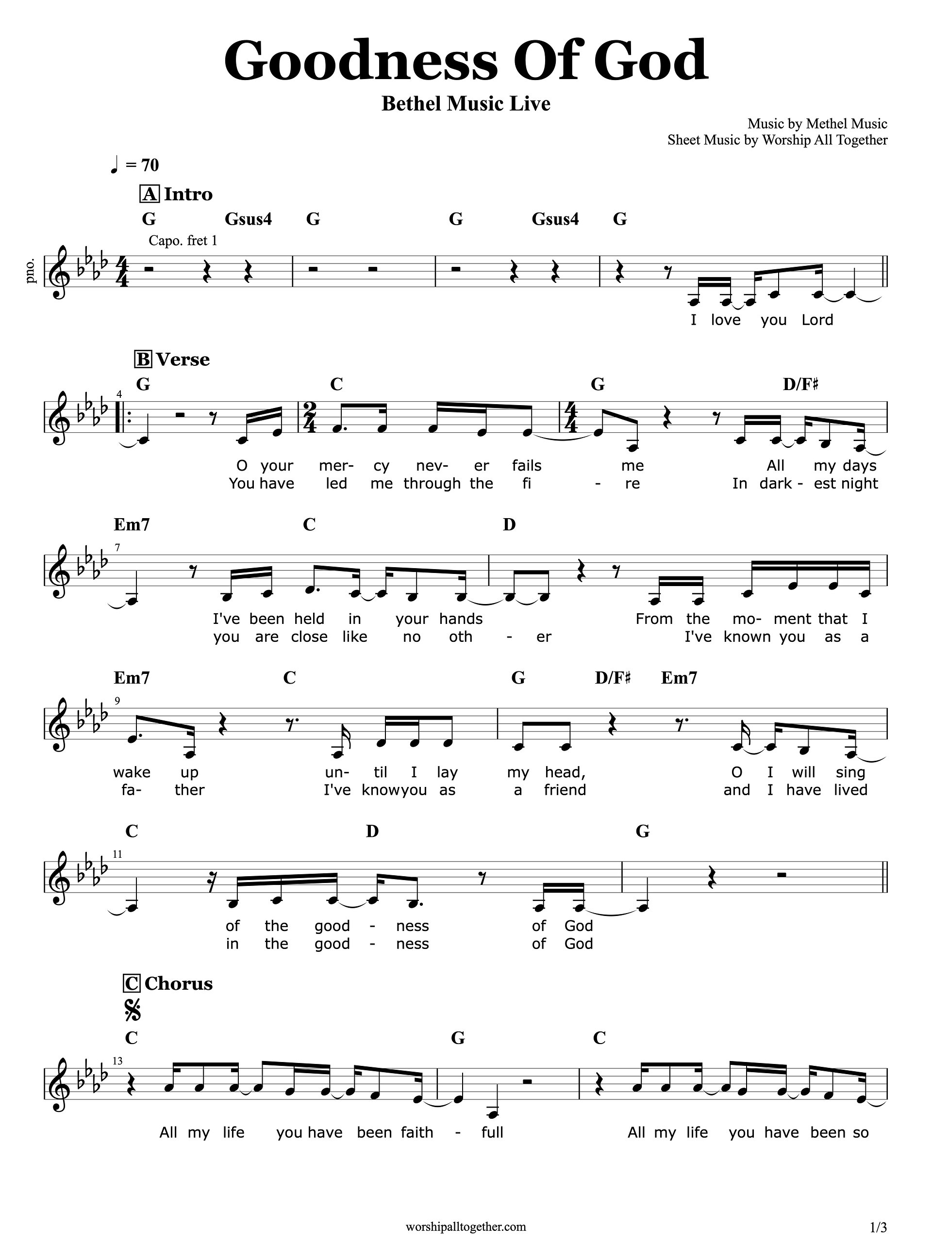 Goodness Of God (Original Key) Bethel Music | Sheet Music, Chord, Lyrics product image (1)