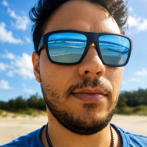 Blue skies, ocean glare, and a face pretending life makes sense.