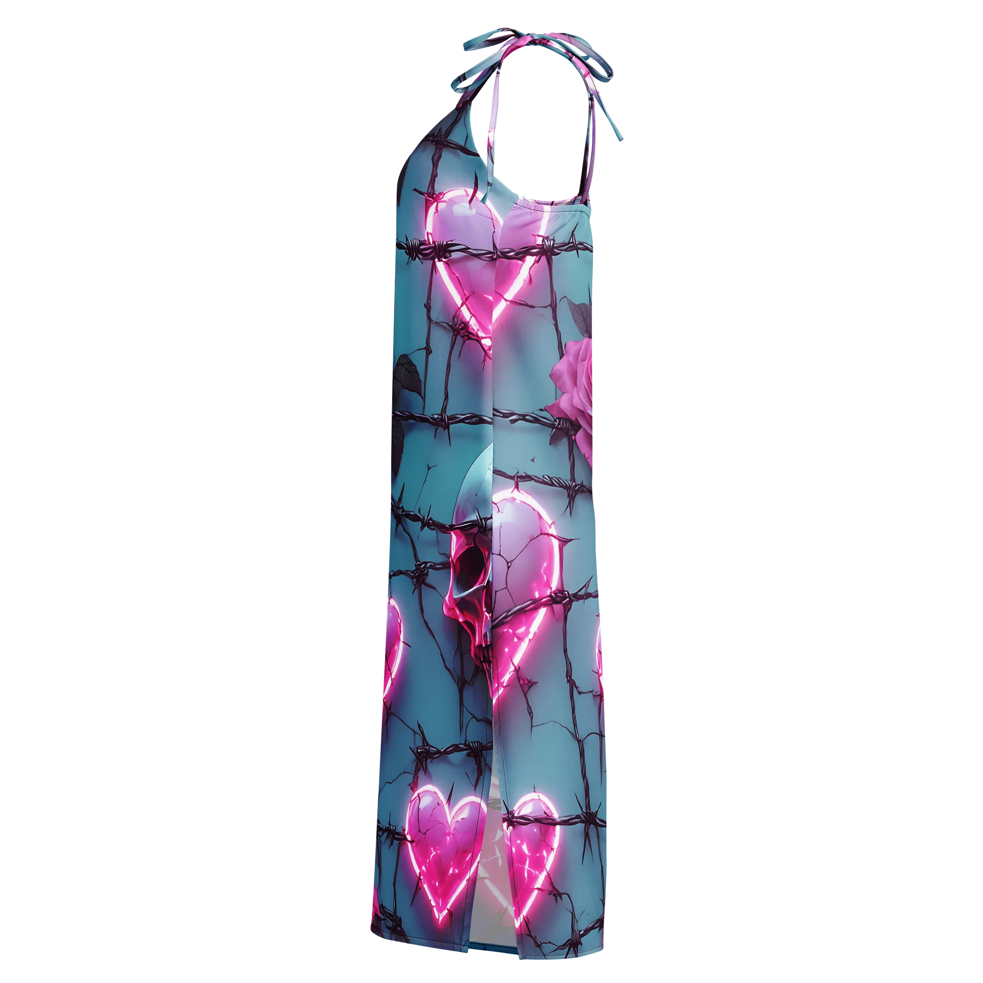 Neon Barbed Rose Heart Midi Slip Dress - Glow Pink Shattered Hearts & Roses Chiffon Halter Dress with Slit product image (3)