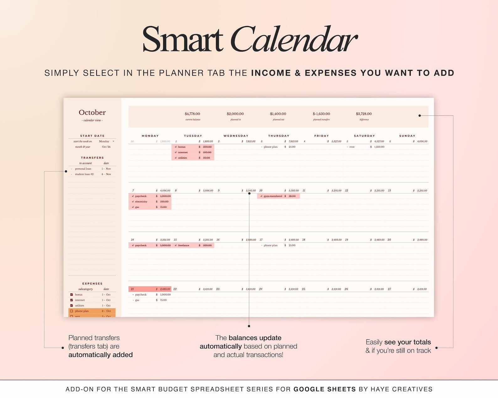 ADD-ON: Smart Calendar Add On for Our Smart Budget Spreadsheet product image (3)