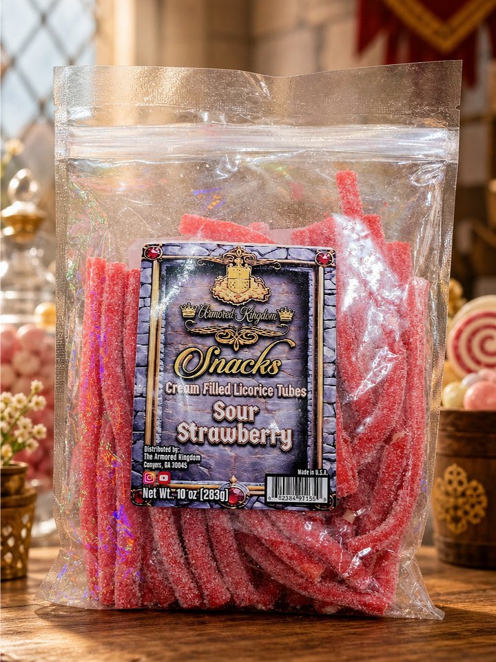 The Armored Kingdom Sour Strawberry Cream Filled Licorice Tubes-Strawberry-Creamy-Chewy-Yummy product image (1)