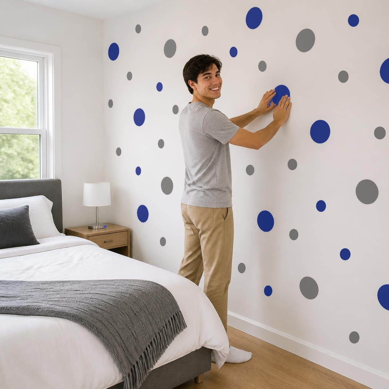 Grey and Navy Blue Polka Dot Wall Decals, 2" and 4" Vinyl Circle Stickers, Removable Dot Decals for Nursery, Kids Room, Playroom product image (4)