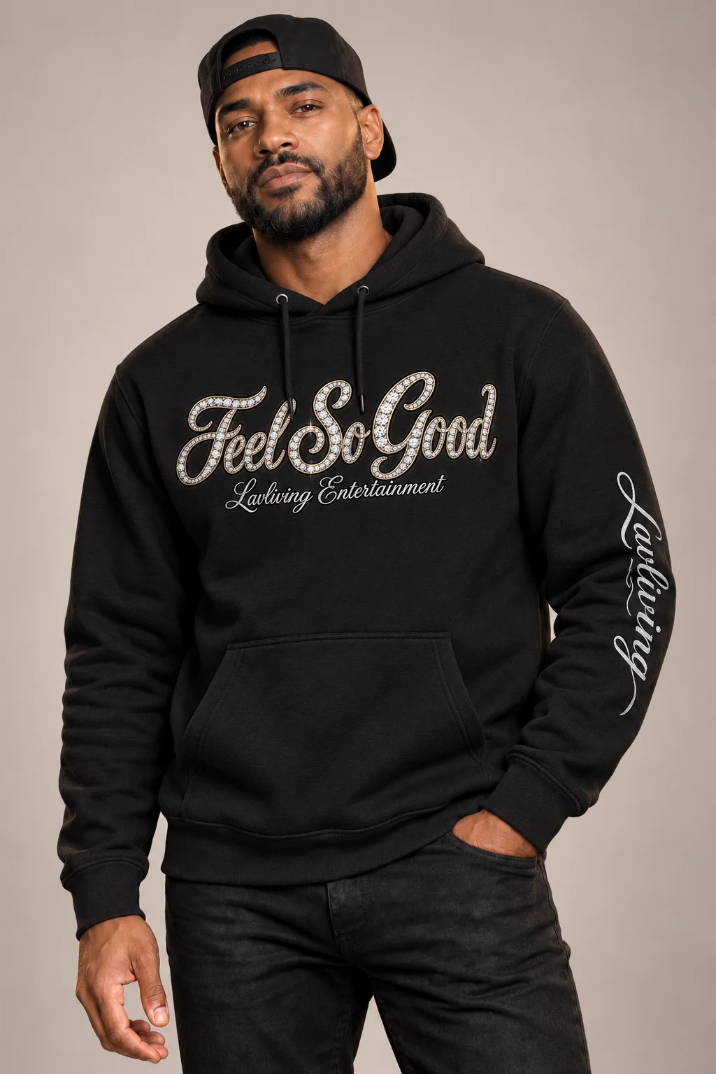 Model wearing the black Lavliving — Feel So Good Diamond Hoodie with the garment design visible.
