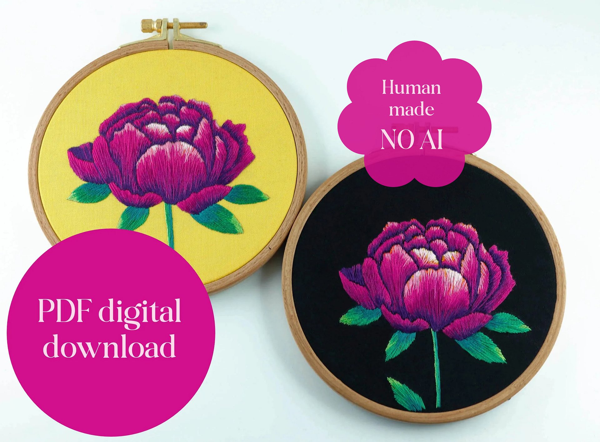 Thread Painting Peony Colorful Floral Hand Embroidery Pattern – Beginner Step by Step Tutorial (instant downloadable PDF) product image (1)