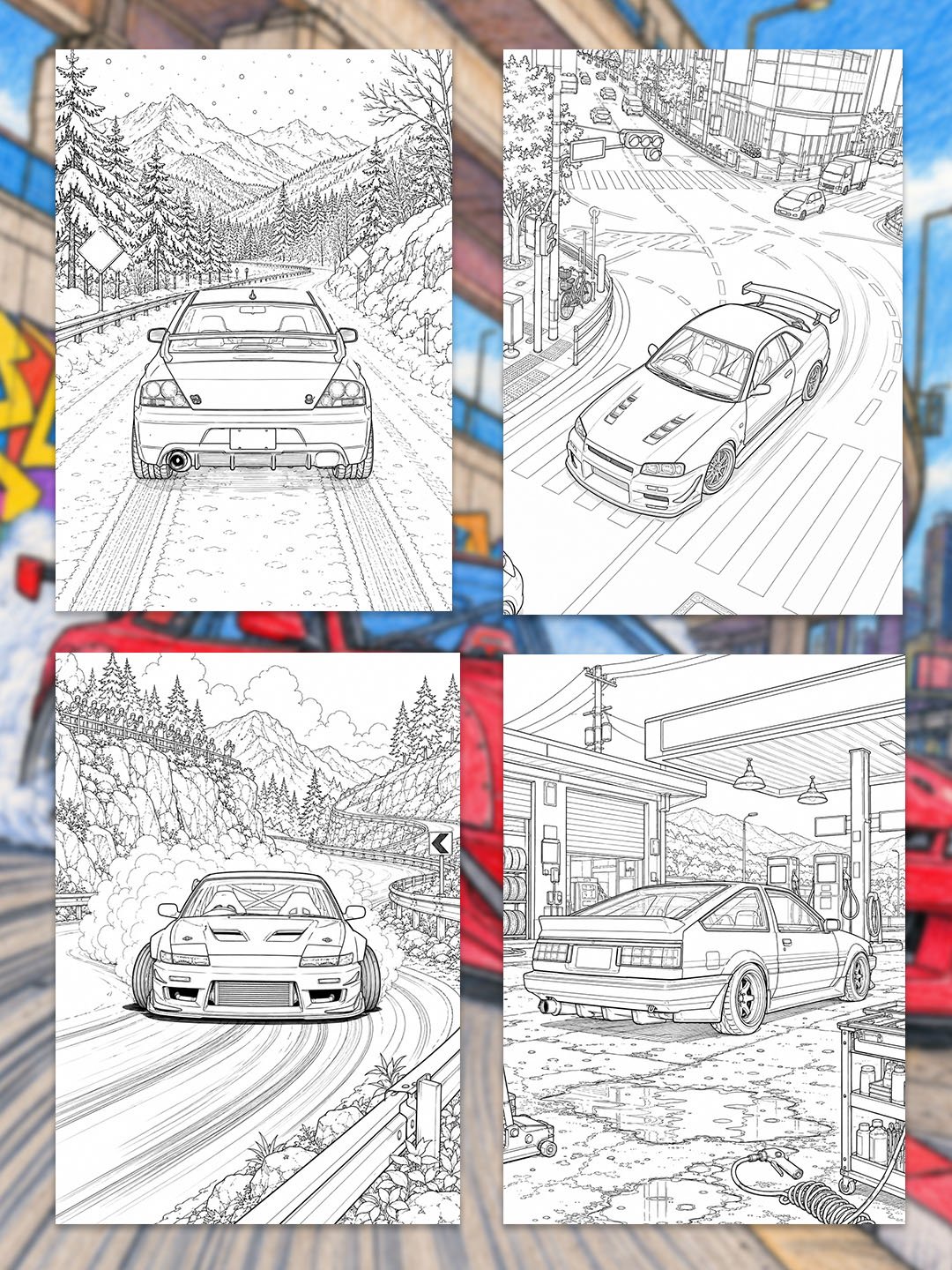JDM Car Coloring Pages Printable | 25 Drift & Tuner Car Designs | Japanese Sports Car Coloring Book PDF product image (3)