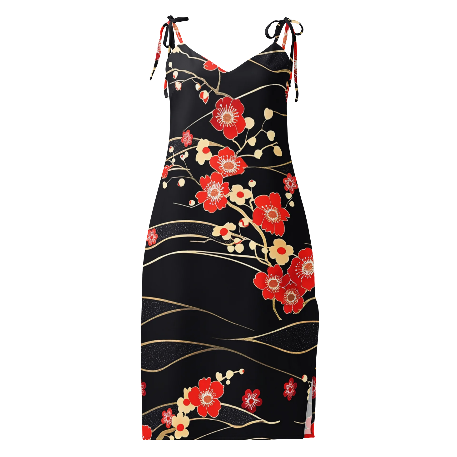 Japanese Sakura Wave Midi Slip Dress | Black Floral Chiffon Summer Dress product image (1)