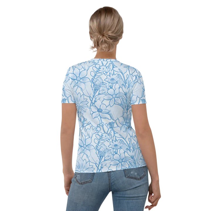 Line art Blue and White Floral/All-Over Print Women's Crew Neck T-Shirt by Sublicolor product image (1)