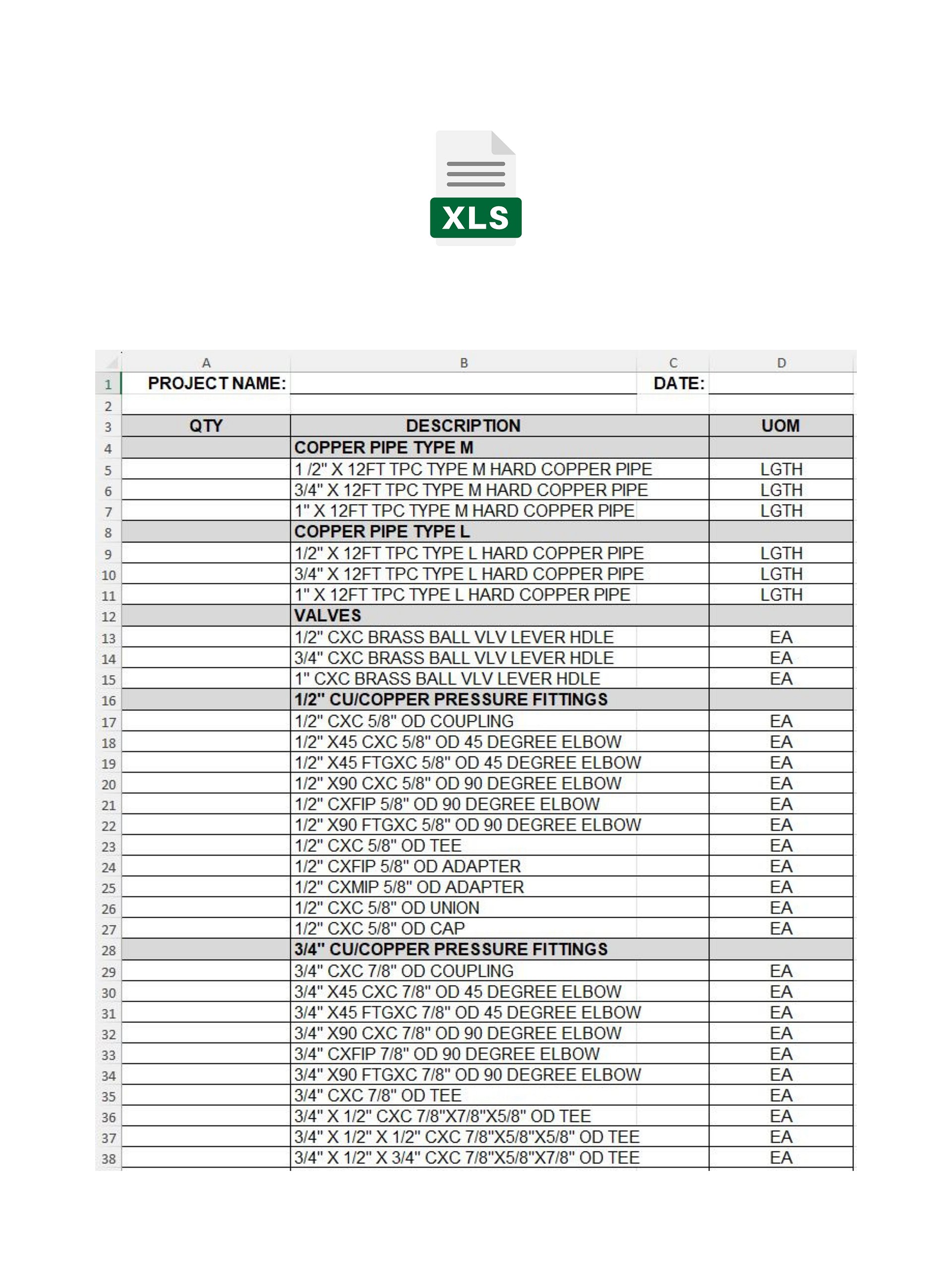 Domestic Water Cu BOM MS Excel Template No.1 & No. 2 product image (1)