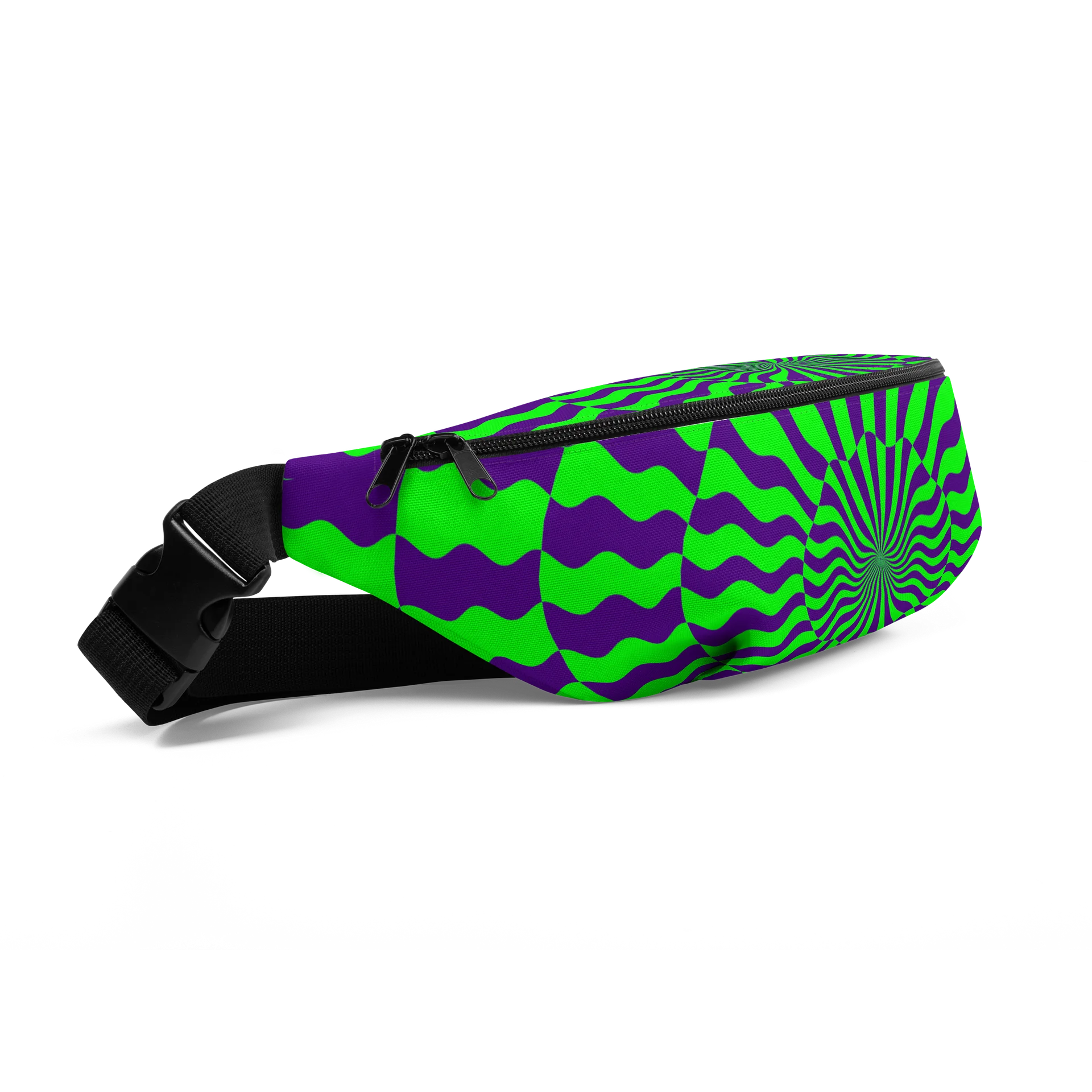 Psychedelic EDM Festival Fanny Pack, Trippy Techno Rave Fashion Accessory, Neon Green Purple Party Bag, Twisted Checkers Spiral Illusion Art product image (2)