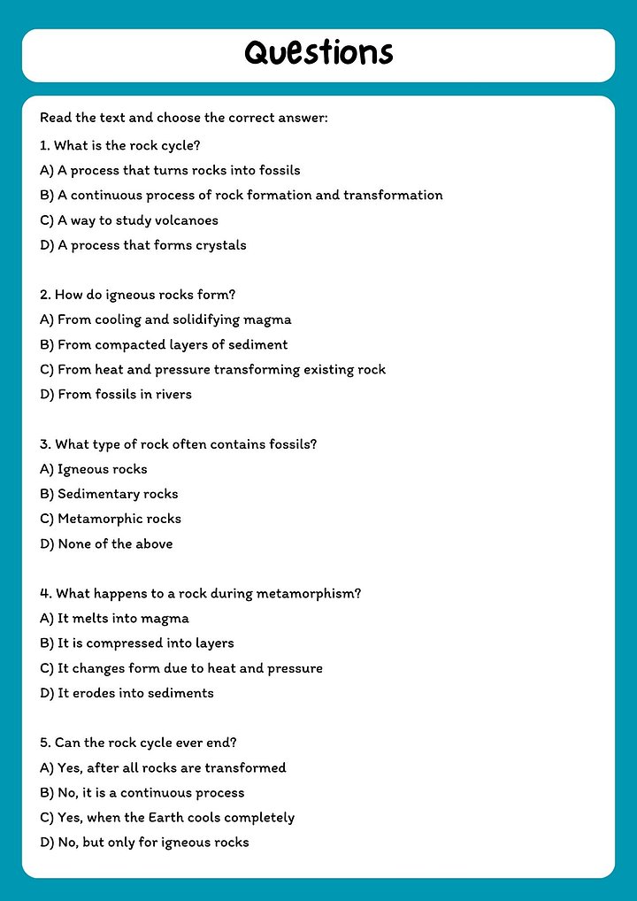 Rock Cycle Reading Comprehension Passage & Questions product image (2)