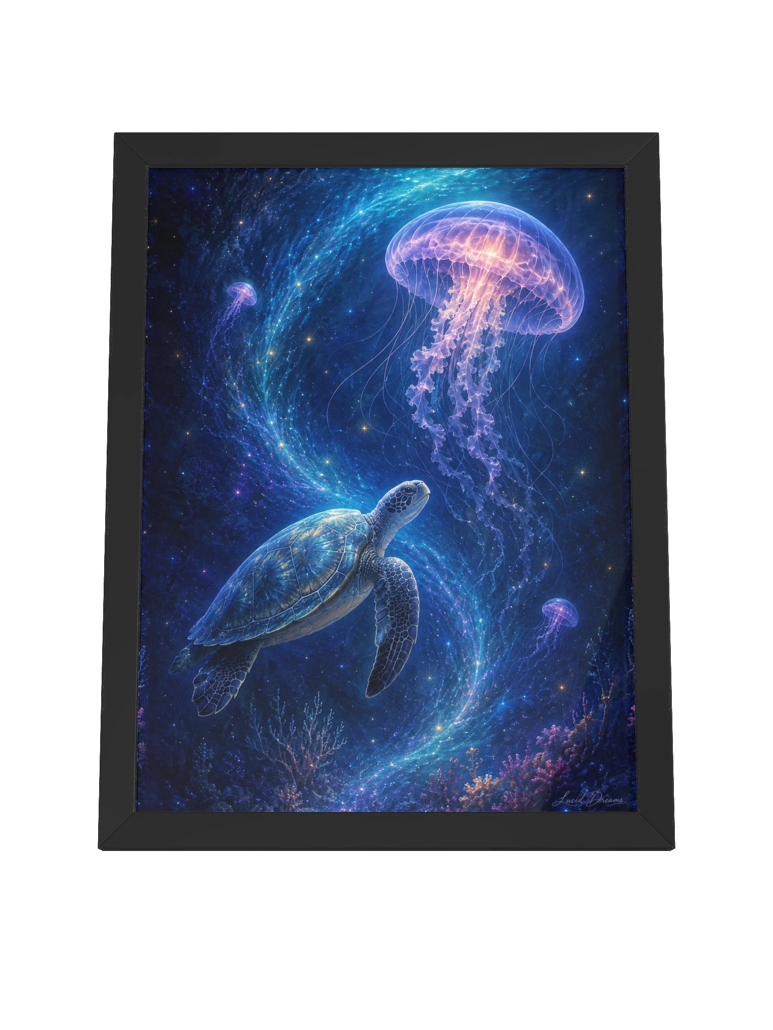 Sea Turtle & Jellyfish Framed Art Print — The Current That Remembered Her product image (8)