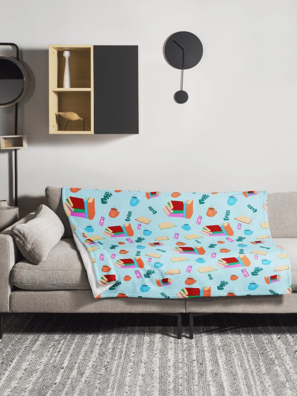 Cozy Book Lovers Pattern Throw Blanket- Blue Background product image (5)