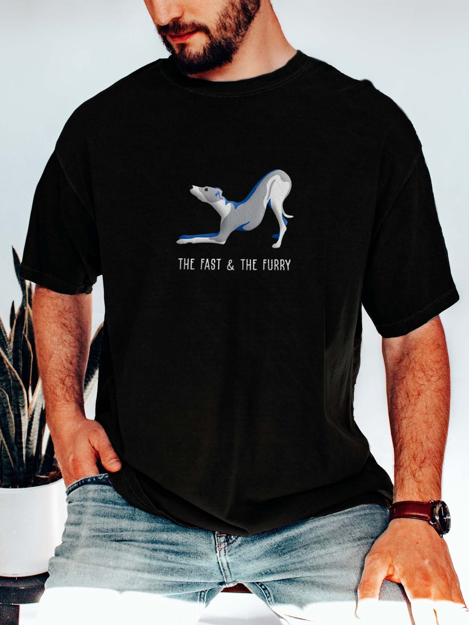 The Fast & The Furry T-Shirt(Embroidered) of an Italian Greyhound(Blue & White) product image (2)