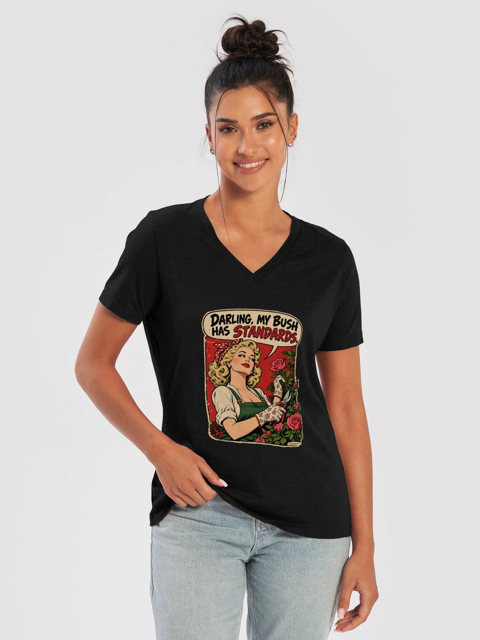 Darling, My Bush Has Standards Pin-Up V-Neck Tee product image (1)