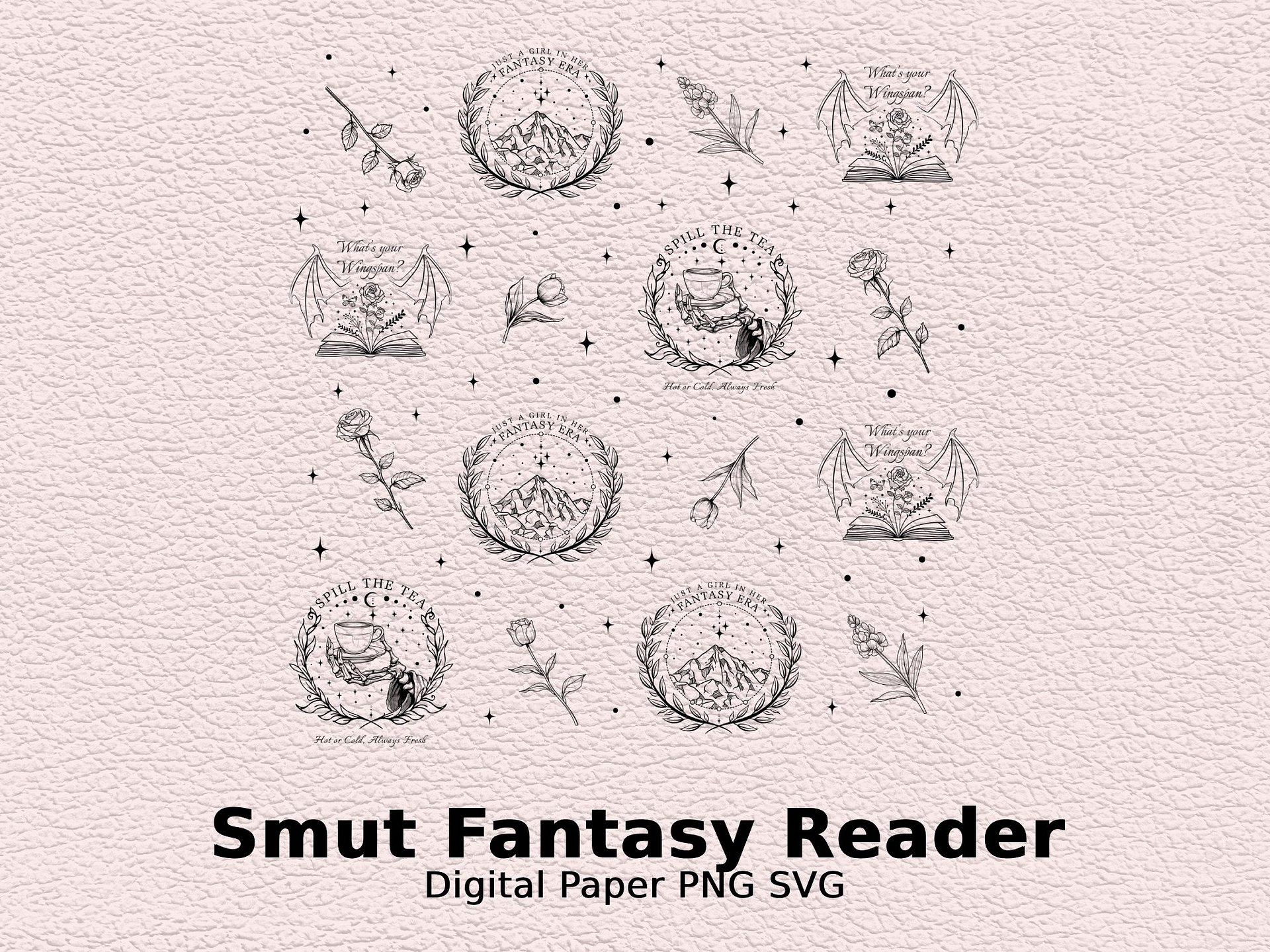Romantasy Smut Book Reader Digital Paper Fabric Pattern SVG PNG, Fantasy Era Minimalist Tattoo Vintage Line Art, Seamless Digital Download product image (6)
