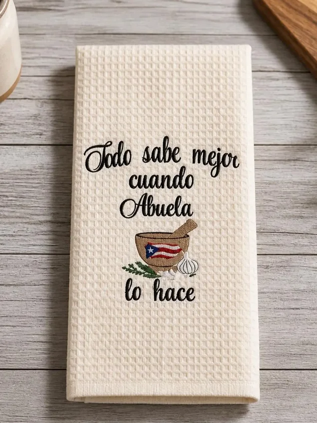 Embroidered Kitchen Towel: Puerto Rican Flag Mortar - Abuela's Kitchen - Gift for Abuela product image (1)