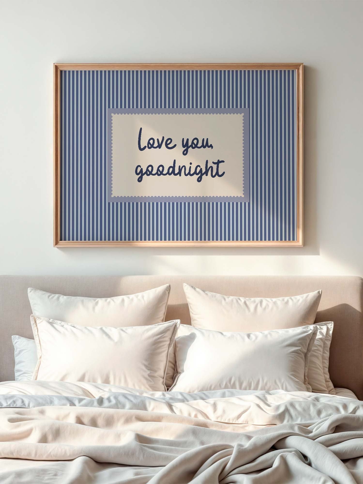 Love You Goodnight Wall Art, Blue Striped Typography Poster, Romantic Bedroom Decor, Horizontal Printable Download product image (10)