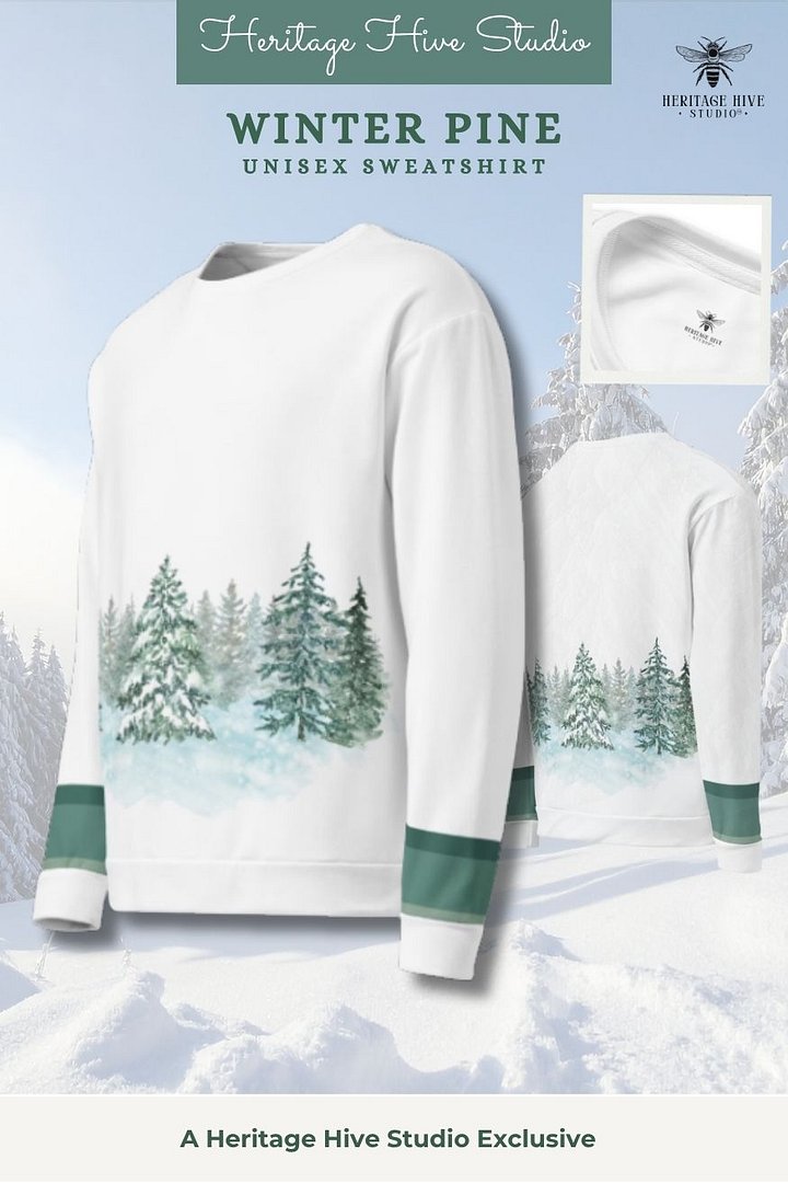 Winter Pines Watercolor White Sweatshirt – Heritage Hive Studio Original product image (1)