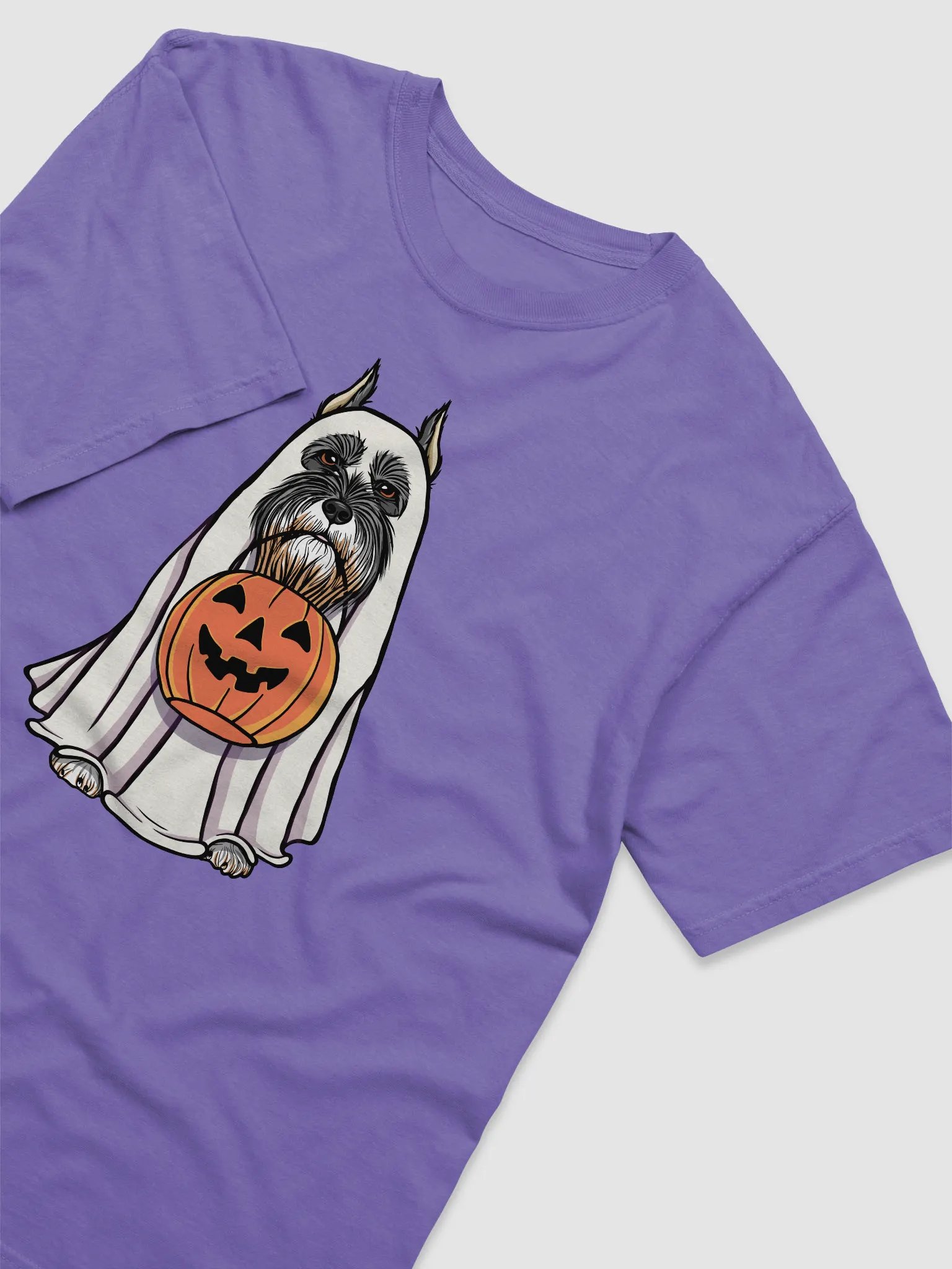 Funny Halloween Schnauzer(Cropped Ears) T-Shirt | Funny Schnauzer Wearing a Ghost Costume and Holding a Pumpkin Basket product image (6)
