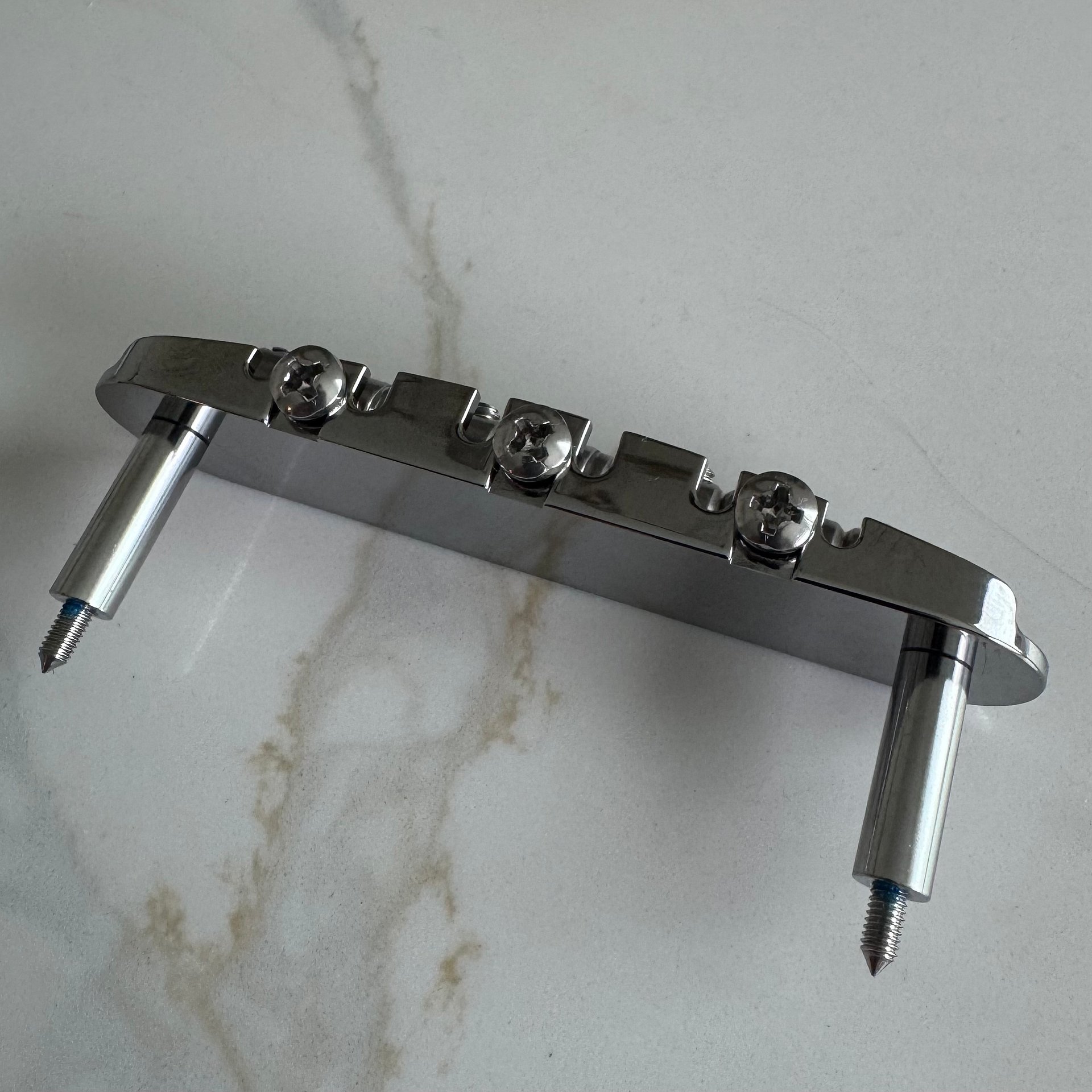 “The Goliath” Chrome-Plated Brass Jazzmaster / Jaguar / Mustang Bridge with USA Made Compensated Stainless Steel Saddles product image (9)
