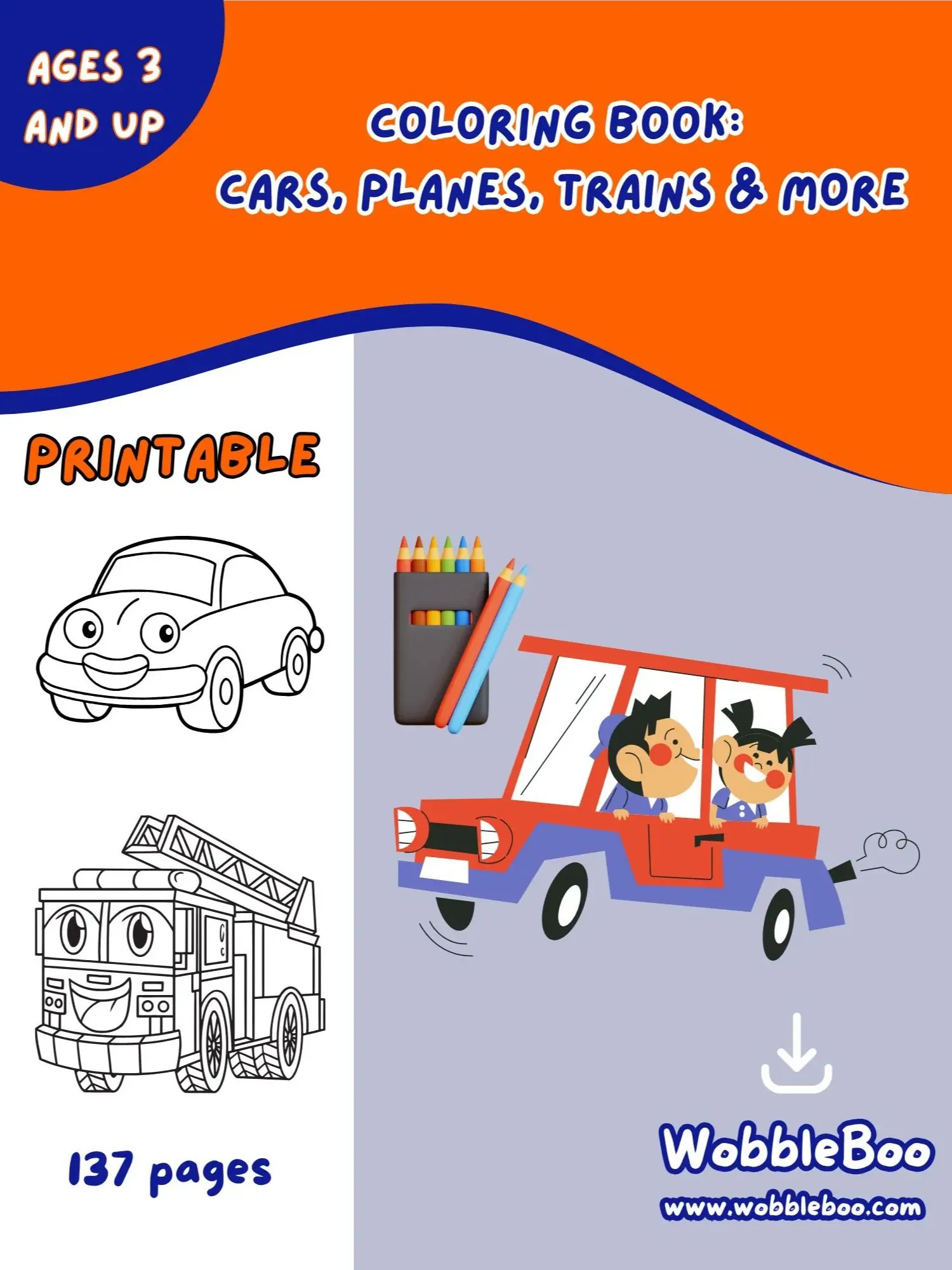 Printable Coloring Book: Cars, Planes, Trains product image (1)