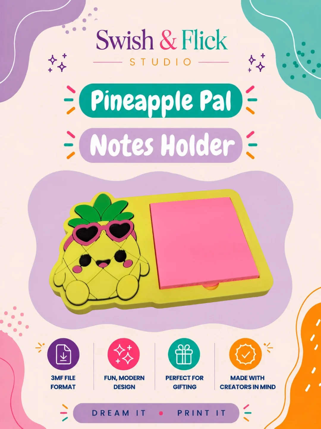 Pineapple Pal Notes Holder 3MF File | Sticky Note Holder for 3x3 Post-it Notes | Cute Desk Organizer | Multicolor AMS MMU 3D Print Digital Download product image (1)