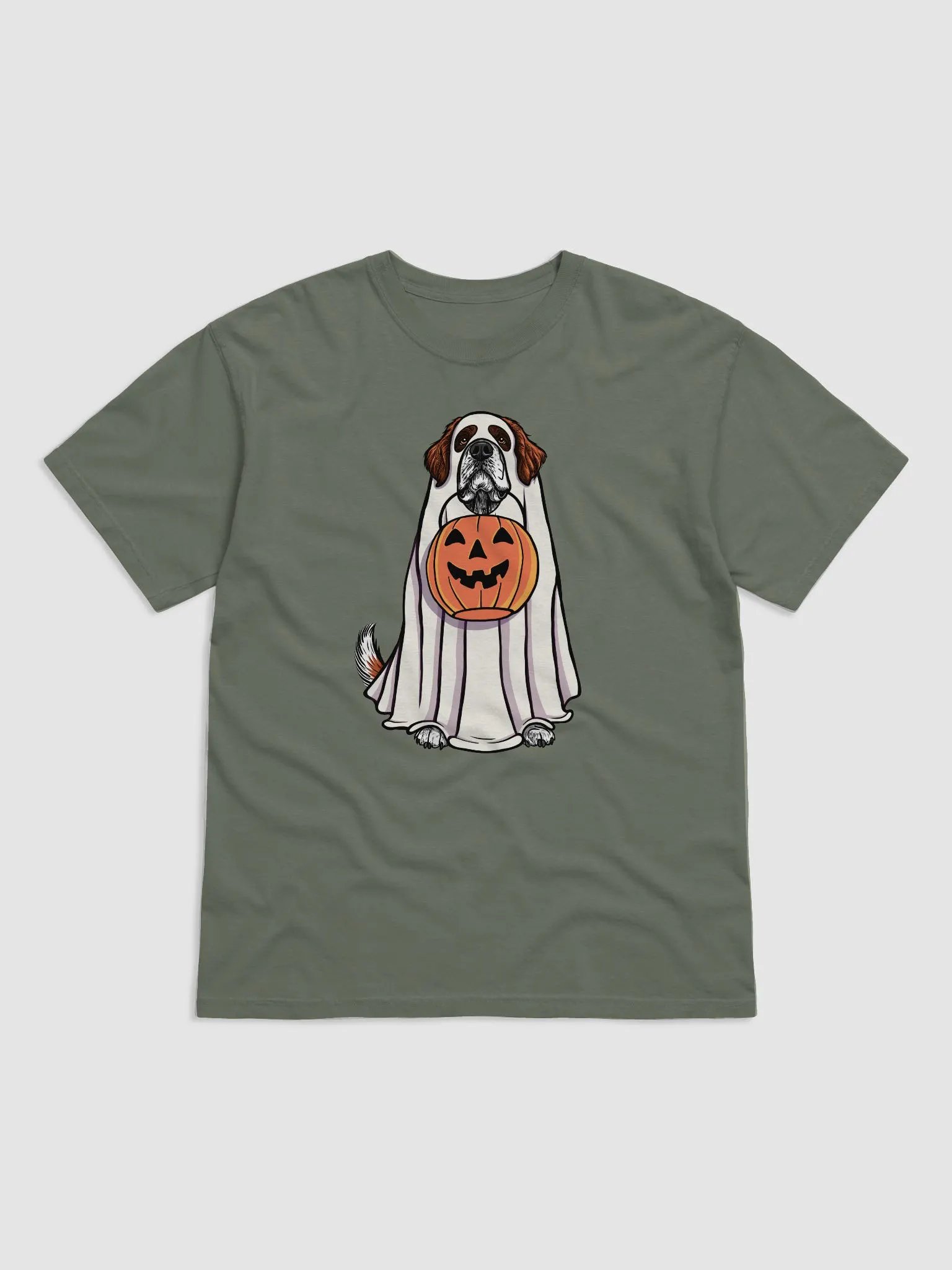 Funny Halloween Saint Bernard T-Shirt | Funny Dog Wearing a Ghost Costume and Holding a Pumpkin Basket product image (1)